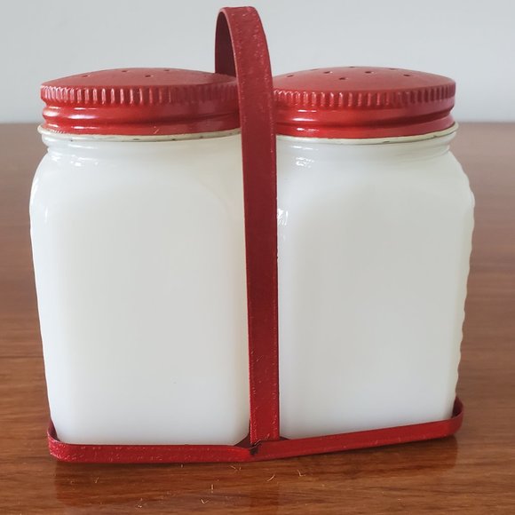 Vintage Milk Glass Salt & Pepper Shakers with Tray - Picture 5 of 9